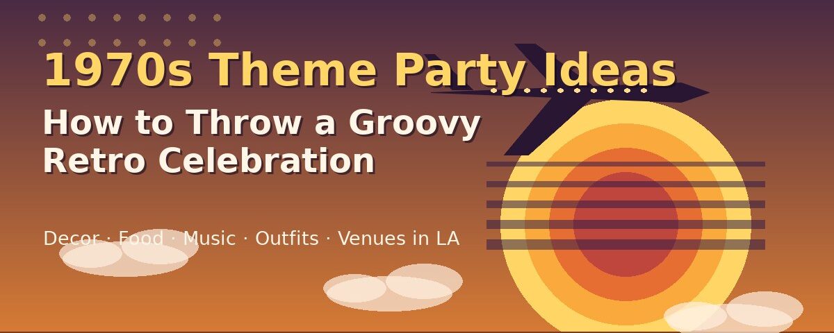Retro 1970s sunset illustration with a jet silhouette for a 1970s theme party ideas guide – Pan Am Experience Los Angeles