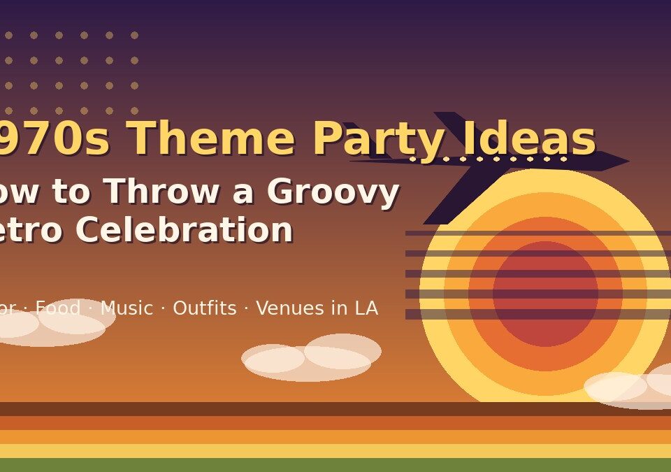 Retro 1970s sunset illustration with a jet silhouette for a 1970s theme party ideas guide – Pan Am Experience Los Angeles