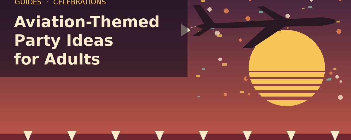 Retro illustration of a jet towing a banner over a sunset with confetti and cocktail glasses: aviation-themed party ideas for adults