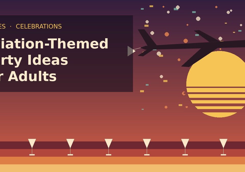 Retro illustration of a jet towing a banner over a sunset with confetti and cocktail glasses: aviation-themed party ideas for adults