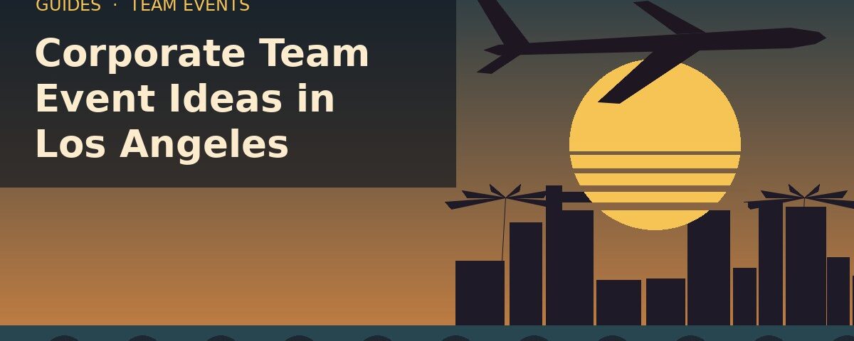 Retro illustration of a jet over a Los Angeles skyline with palm trees at sunset: corporate team event ideas in Los Angeles