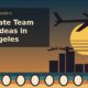 Retro illustration of a jet over a Los Angeles skyline with palm trees at sunset: corporate team event ideas in Los Angeles