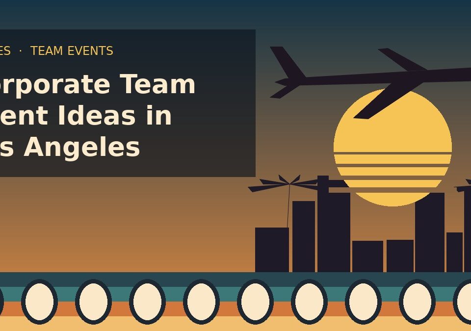 Retro illustration of a jet over a Los Angeles skyline with palm trees at sunset: corporate team event ideas in Los Angeles