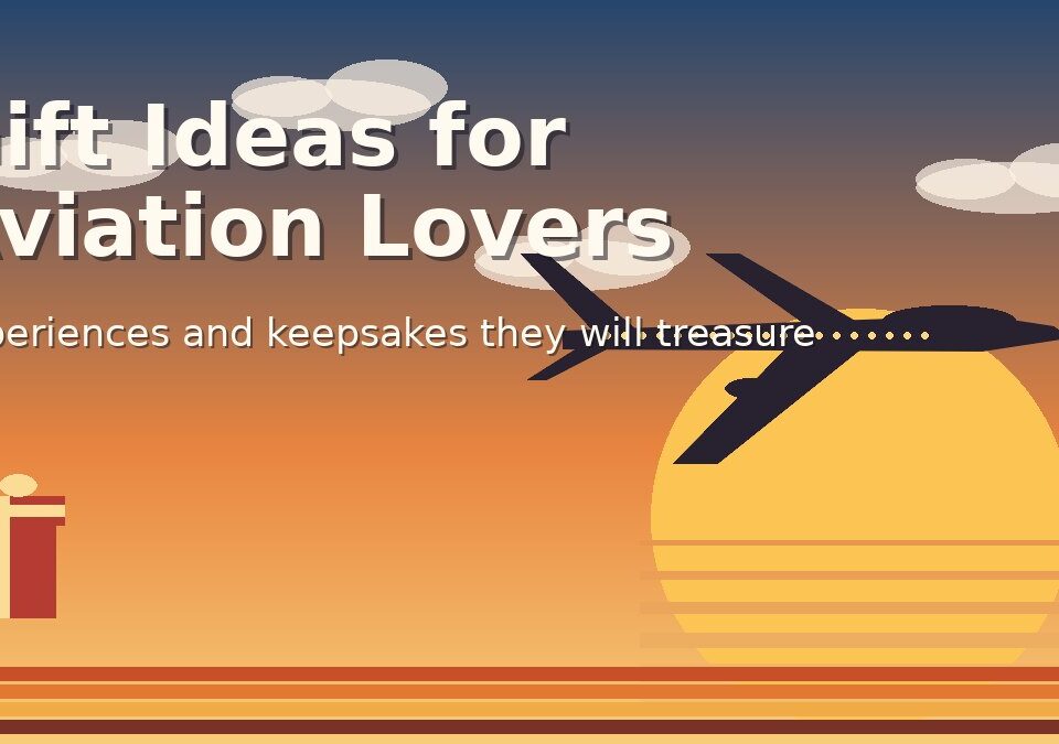 Retro 1970s-style illustration of a jet at sunset with a gift box – gift ideas for aviation lovers, Pan Am Experience Los Angeles