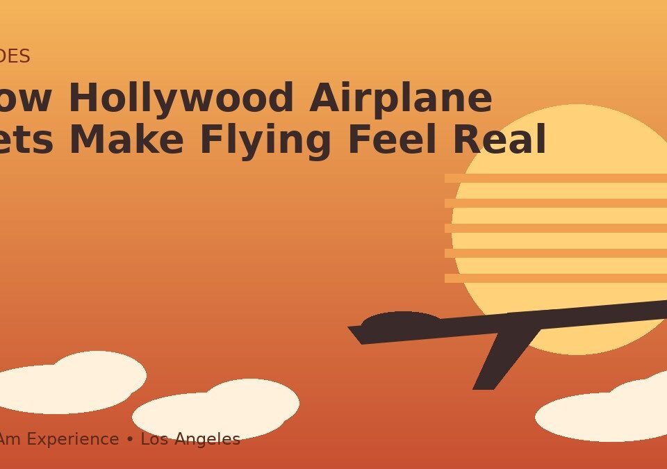 Retro illustration of a jet silhouette against a 1970s-style sunset – how Hollywood airplane sets make flying feel real