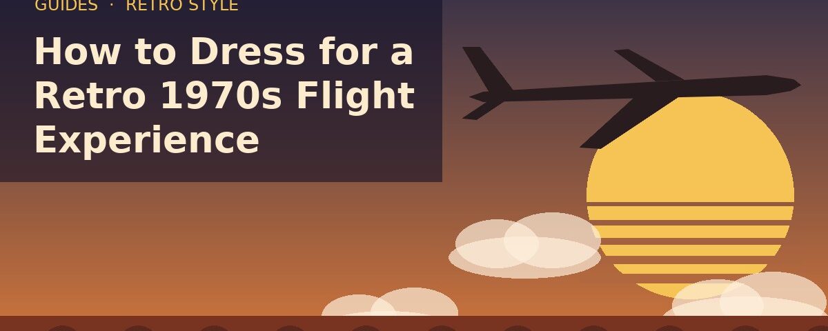 Retro 1970s travel illustration with jet silhouette, sunset and cabin windows: how to dress for a retro flight experience in Los Angeles