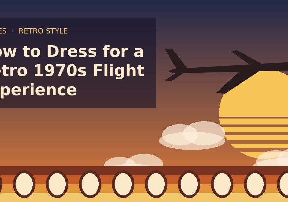 Retro 1970s travel illustration with jet silhouette, sunset and cabin windows: how to dress for a retro flight experience in Los Angeles