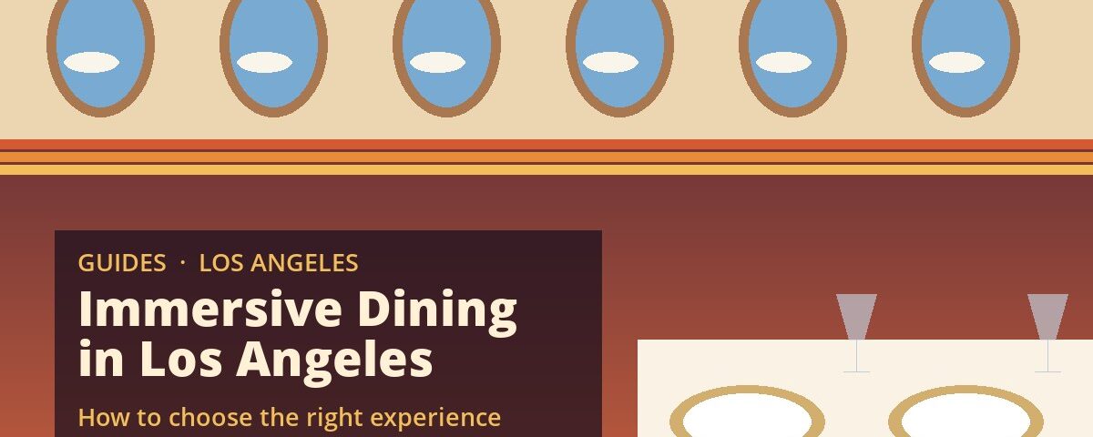 Retro illustration of a cabin window row and a dinner table set with china and glasses for an immersive dining guide – Pan Am Experience Los Angeles