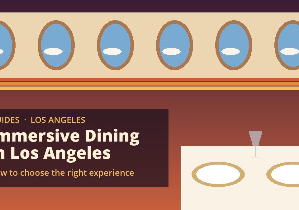Retro illustration of a cabin window row and a dinner table set with china and glasses for an immersive dining guide – Pan Am Experience Los Angeles