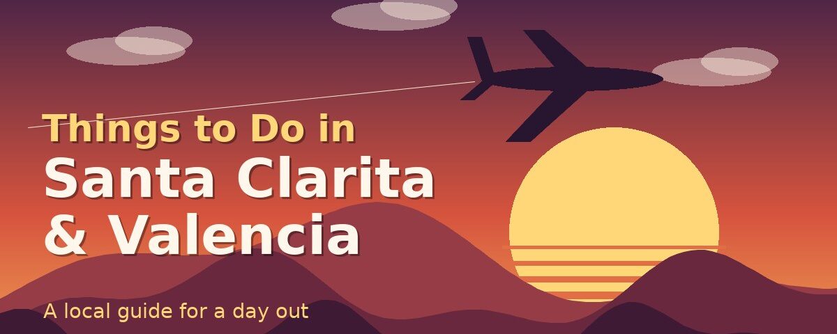 Retro 1970s-style sunset illustration of a jet over Santa Clarita Valley hills for a guide to things to do in Santa Clarita – Pan Am Experience Los Angeles