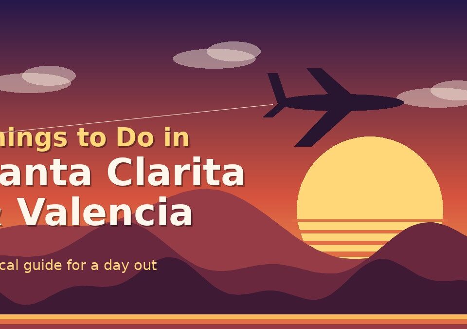 Retro 1970s-style sunset illustration of a jet over Santa Clarita Valley hills for a guide to things to do in Santa Clarita – Pan Am Experience Los Angeles