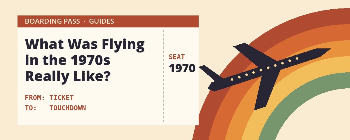 Retro 1970s-style illustration of a boarding pass and a climbing jet over rainbow arcs for a guide to flying in the 1970s – Pan Am Experience Los Angeles