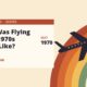 Retro 1970s-style illustration of a boarding pass and a climbing jet over rainbow arcs for a guide to flying in the 1970s – Pan Am Experience Los Angeles