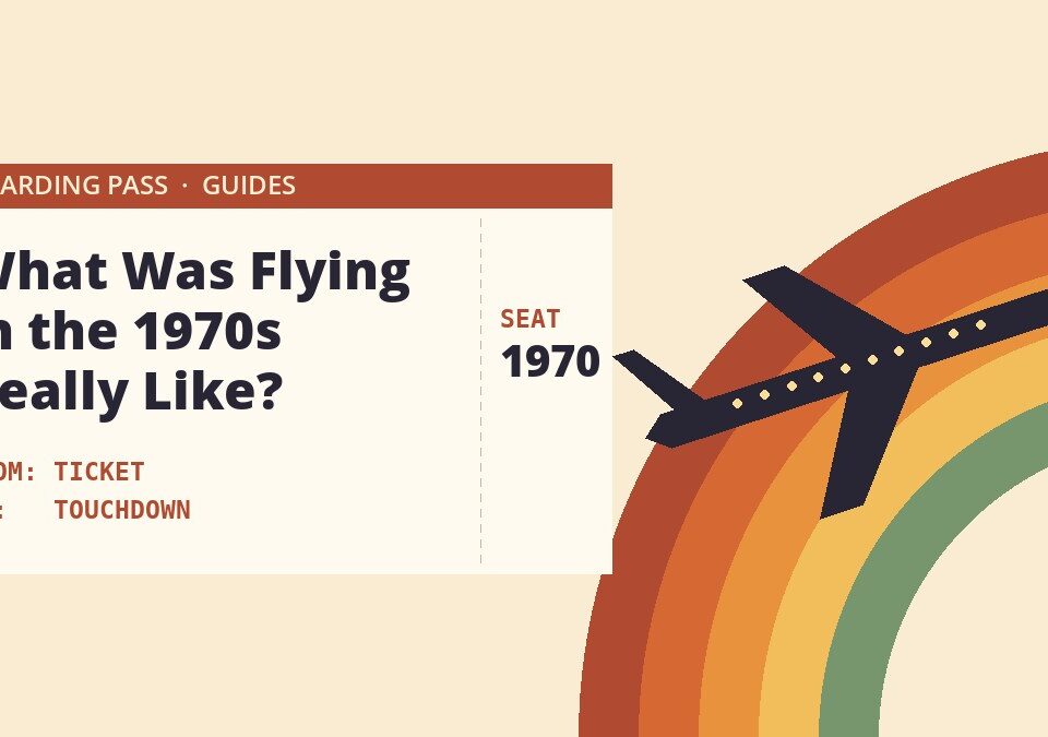 Retro 1970s-style illustration of a boarding pass and a climbing jet over rainbow arcs for a guide to flying in the 1970s – Pan Am Experience Los Angeles